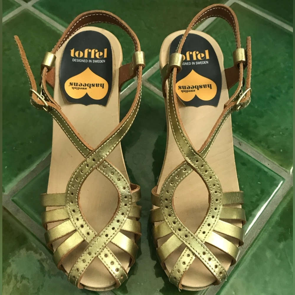 Swedish Hasbeens Gypsy Gold Women's Sandal high heel Clogs
